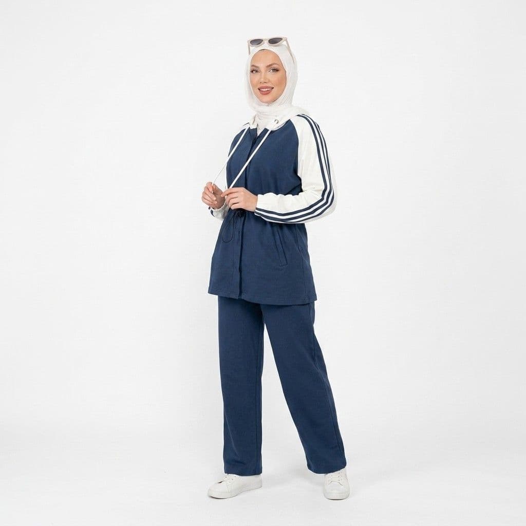 Cotton Two-Piece Set Navy Blue and White