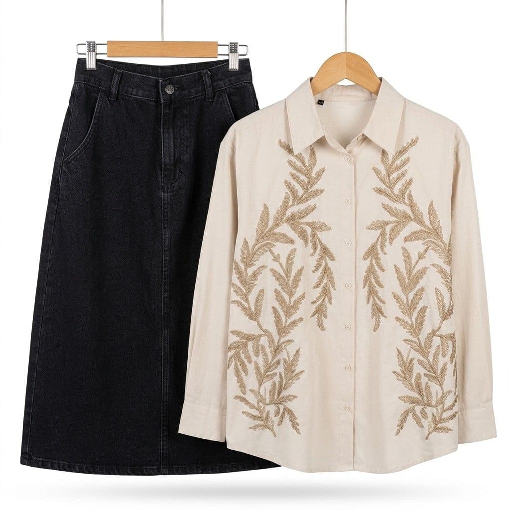 Button-Down Shirt Embroidered Leaf Pattern Cream
