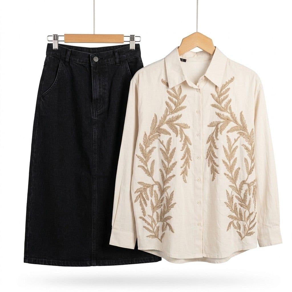 Embroidered Long Sleeve Button-Down Shirt Beige