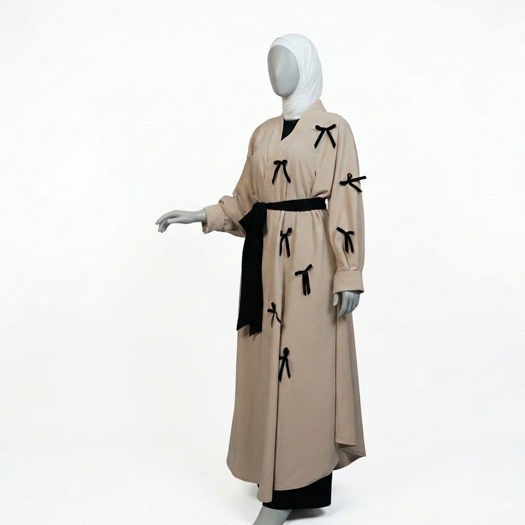 Beige Abaya with Black Ribbon Detail