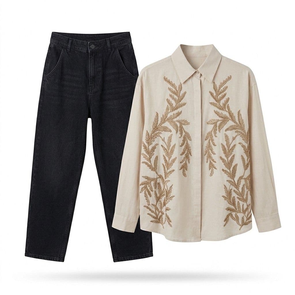 Embroidered Button Down Shirt Beige